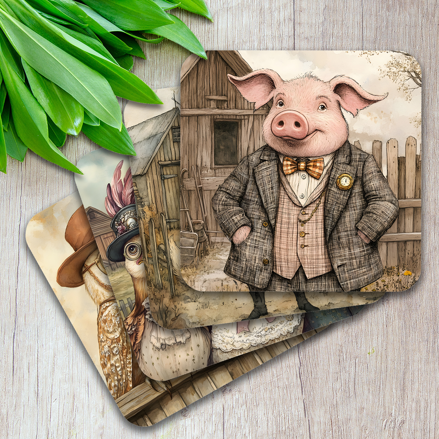 Farmyard Elegance - Set Of 4 Wooden Coasters With Cork Backing 95mm
