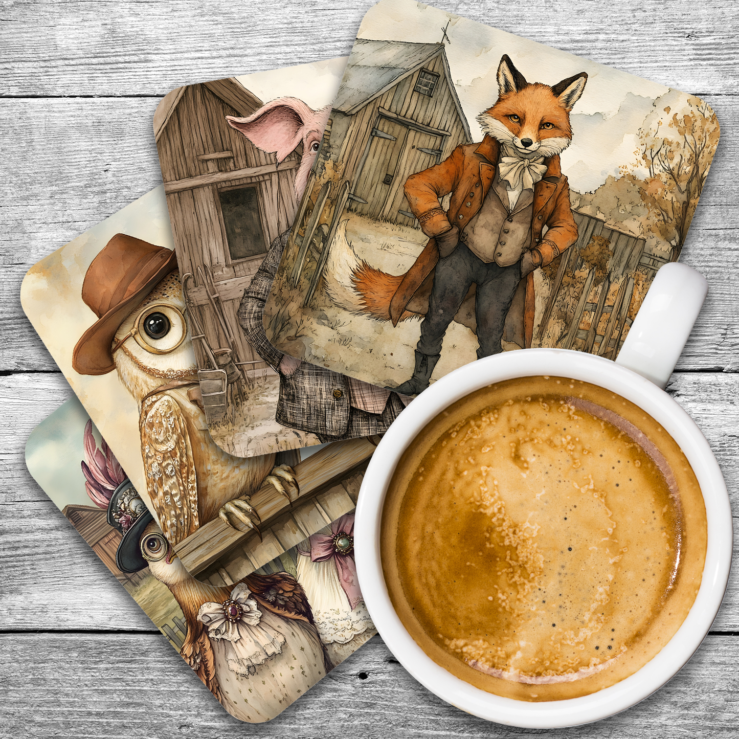 Farmyard Elegance - Set Of 4 Wooden Coasters With Cork Backing 95mm