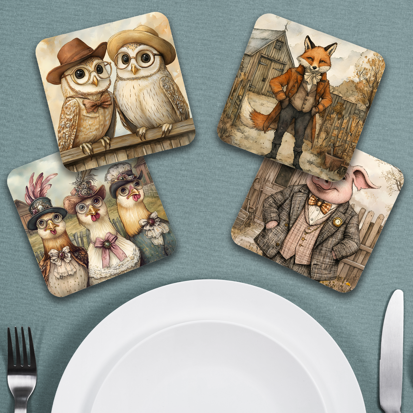 Farmyard Elegance - Set Of 4 Wooden Coasters With Cork Backing 95mm