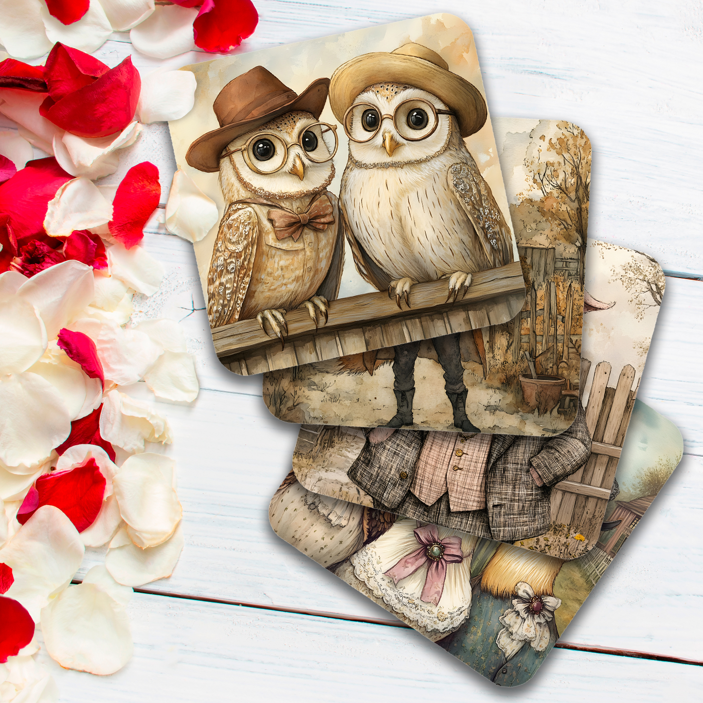 Farmyard Elegance - Set Of 4 Wooden Coasters With Cork Backing 95mm