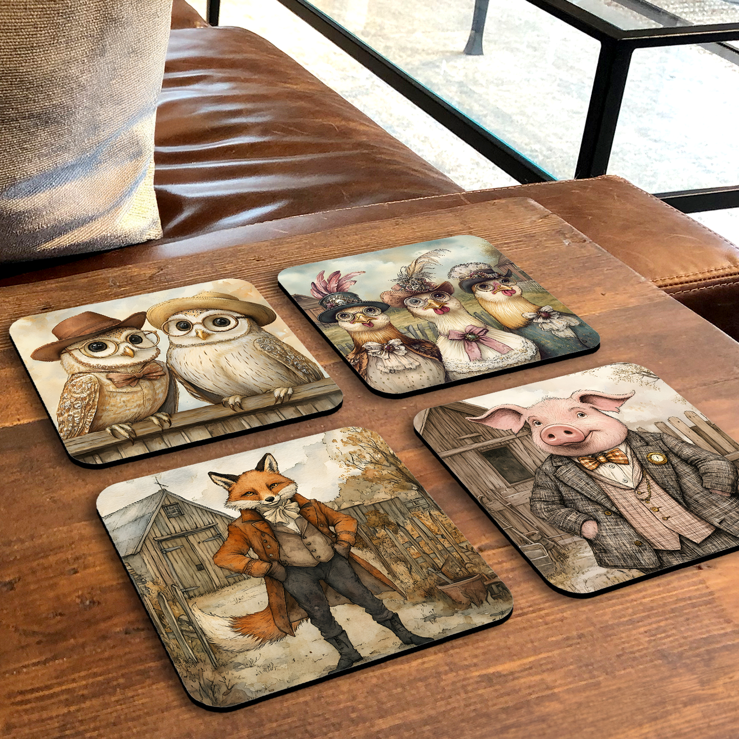 Farmyard Elegance - Set Of 4 Wooden Coasters With Cork Backing 95mm