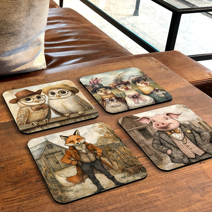 Farmyard Elegance - Set Of 4 Wooden Coasters With Cork Backing 95mm