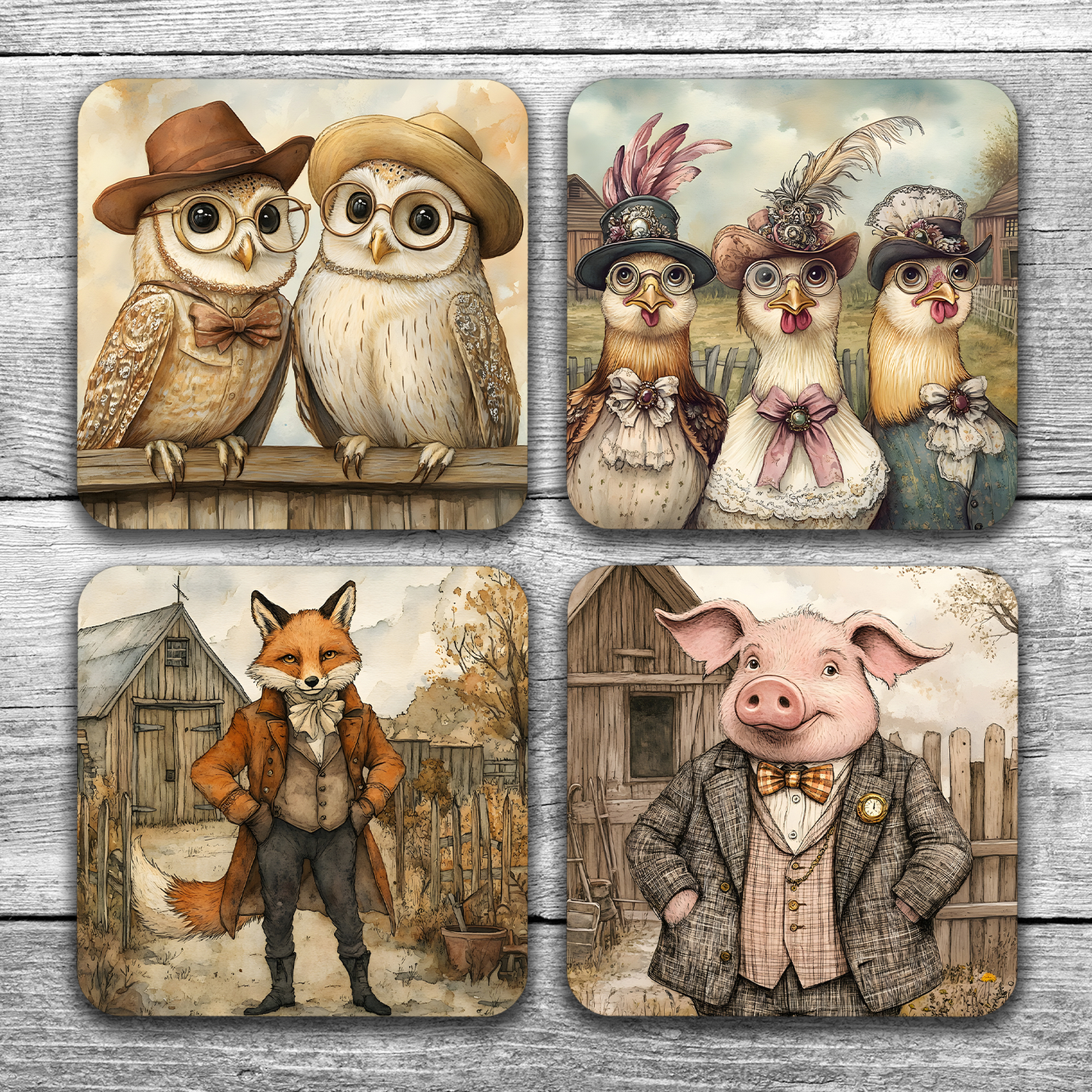 Farmyard Elegance - Set Of 4 Wooden Coasters With Cork Backing 95mm