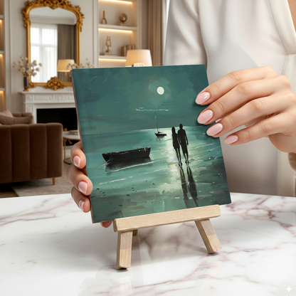 Moonlit Shore Ceramic Art Tile with Easel