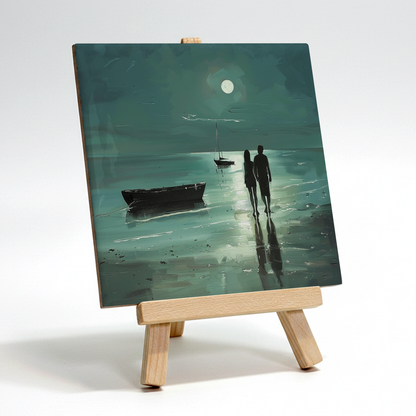 Moonlit Shore Ceramic Art Tile with Easel
