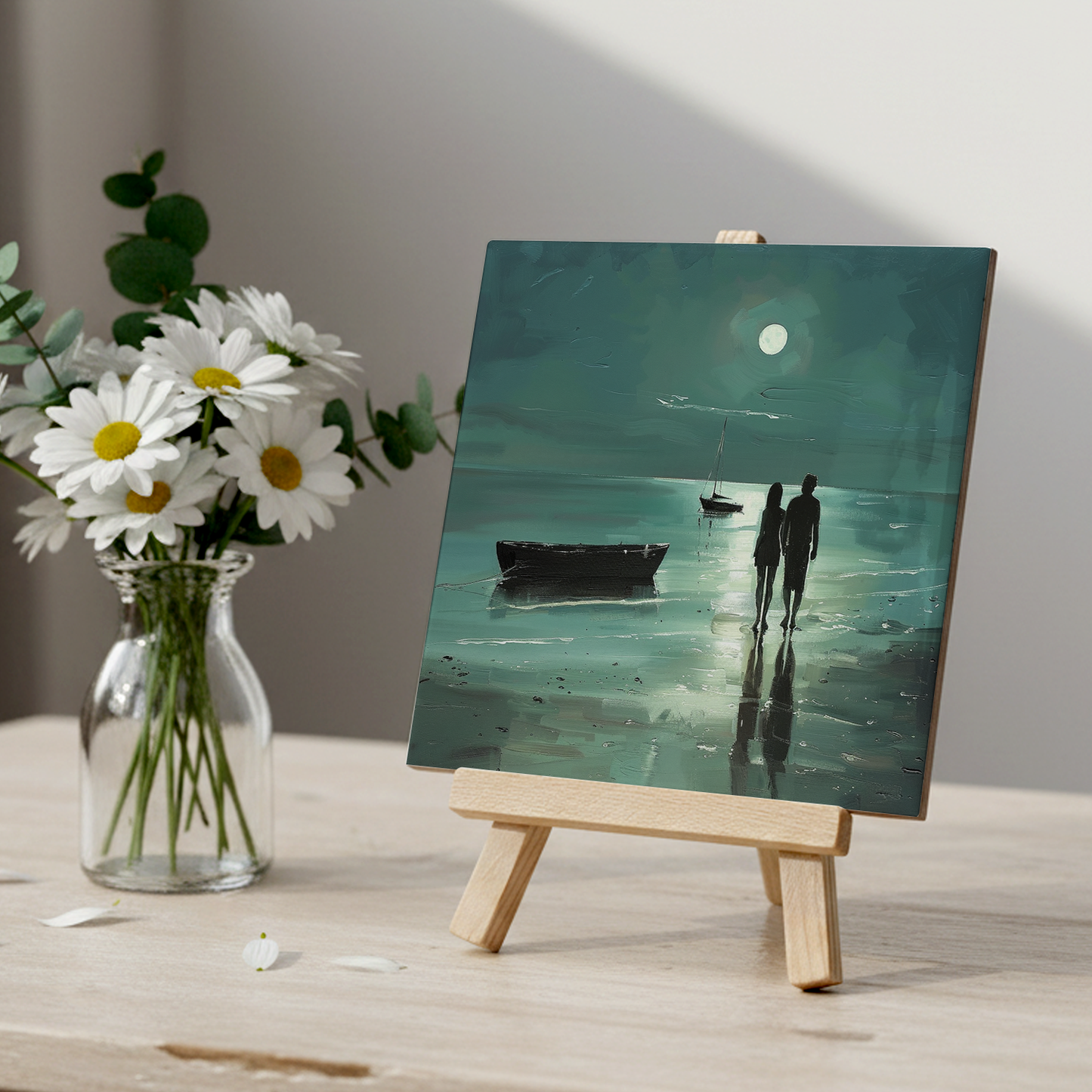 Moonlit Shore Ceramic Art Tile with Easel