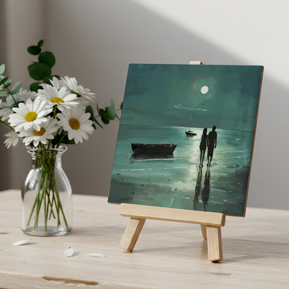 Moonlit Shore Ceramic Art Tile with Easel