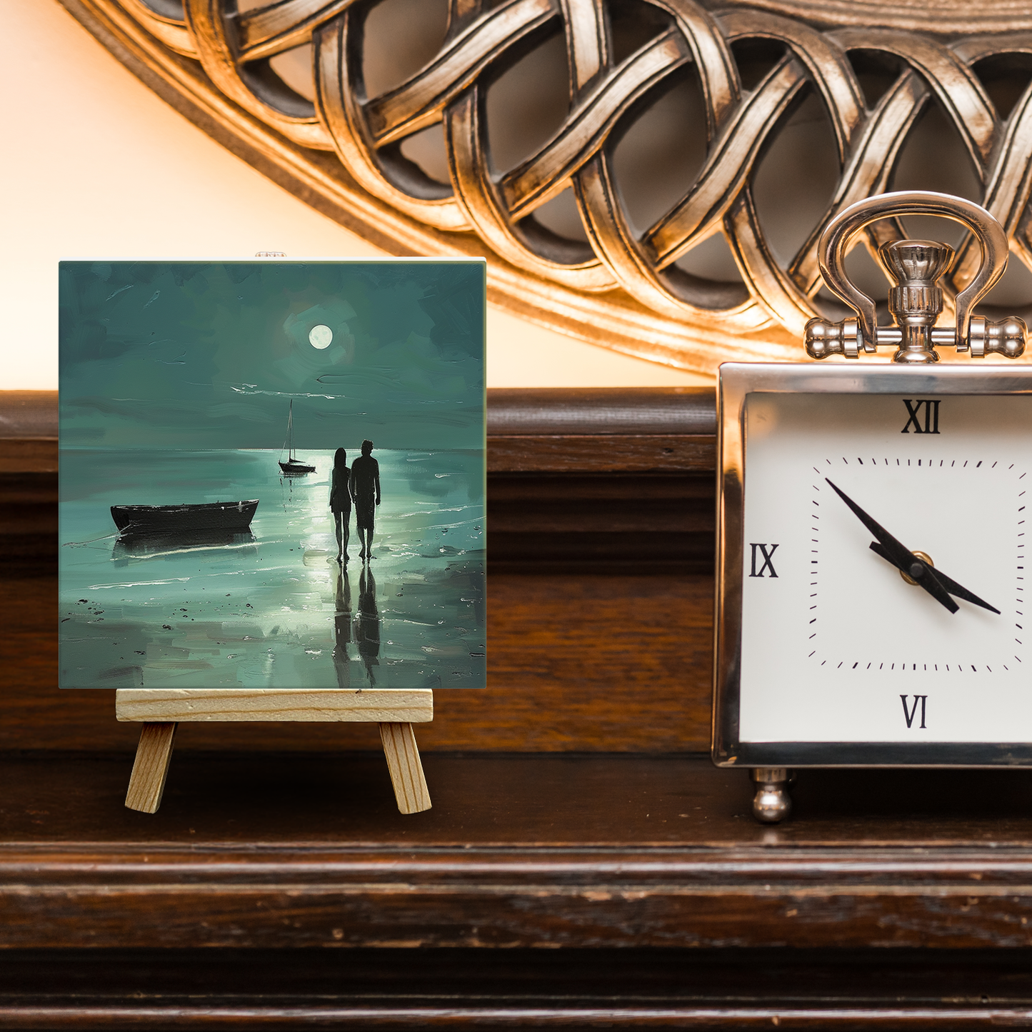 Moonlit Shore Ceramic Art Tile with Easel