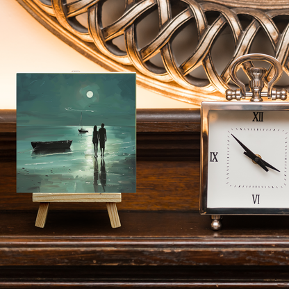 Moonlit Shore Ceramic Art Tile with Easel