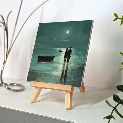 Moonlit Shore Ceramic Art Tile with Easel