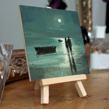 Moonlit Shore Ceramic Art Tile with Easel