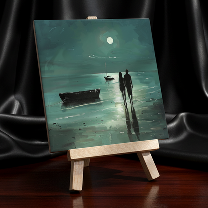 Moonlit Shore Ceramic Art Tile with Easel