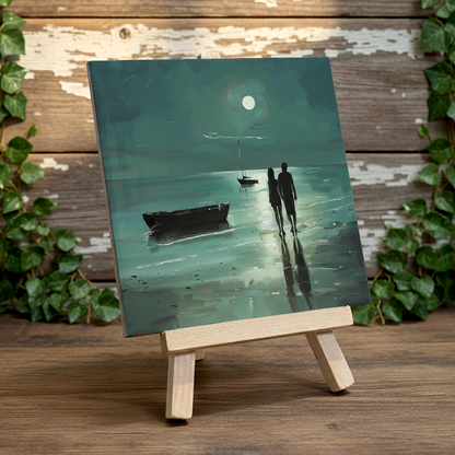 Moonlit Shore Ceramic Art Tile with Easel