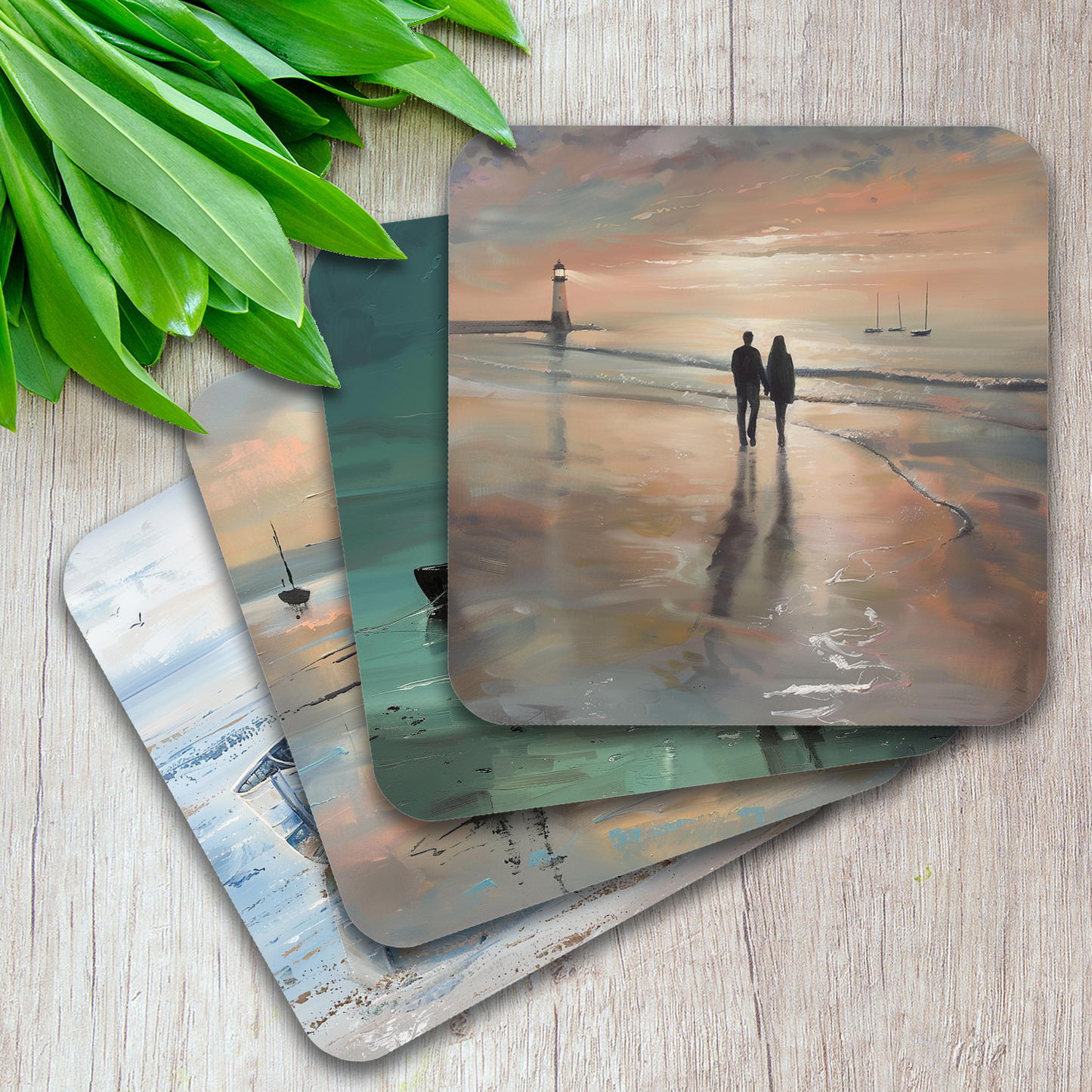 Coastal Whispers Set Of 4 Wooden Coasters With Cork Backing 95mm