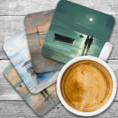 Coastal Whispers Set Of 4 Wooden Coasters With Cork Backing 95mm