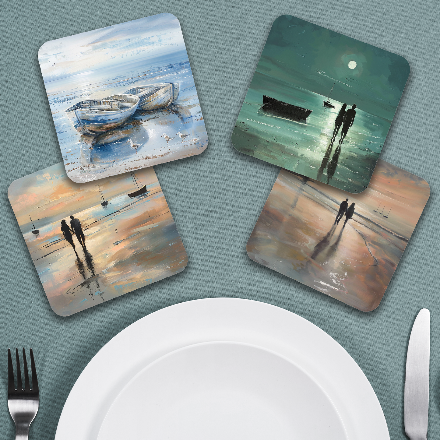 Coastal Whispers Set Of 4 Wooden Coasters With Cork Backing 95mm