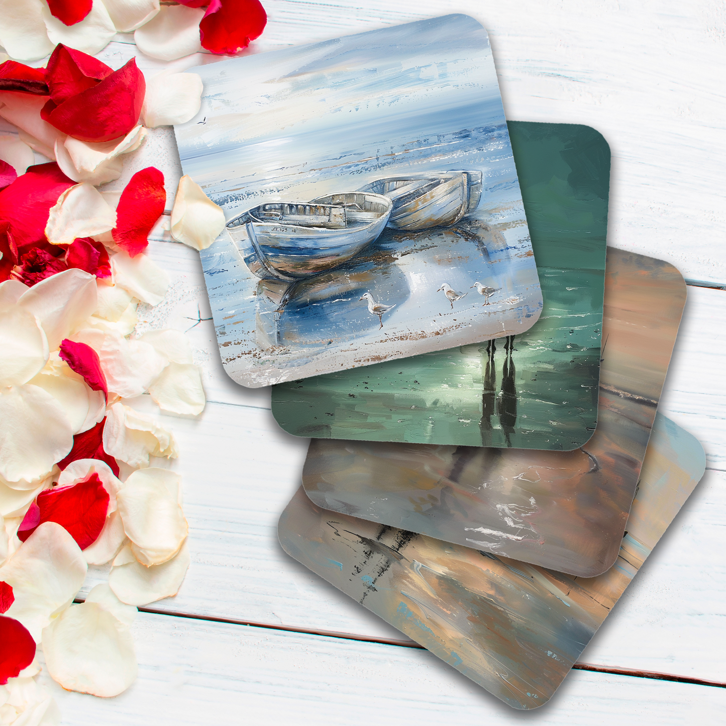 Coastal Whispers Set Of 4 Wooden Coasters With Cork Backing 95mm