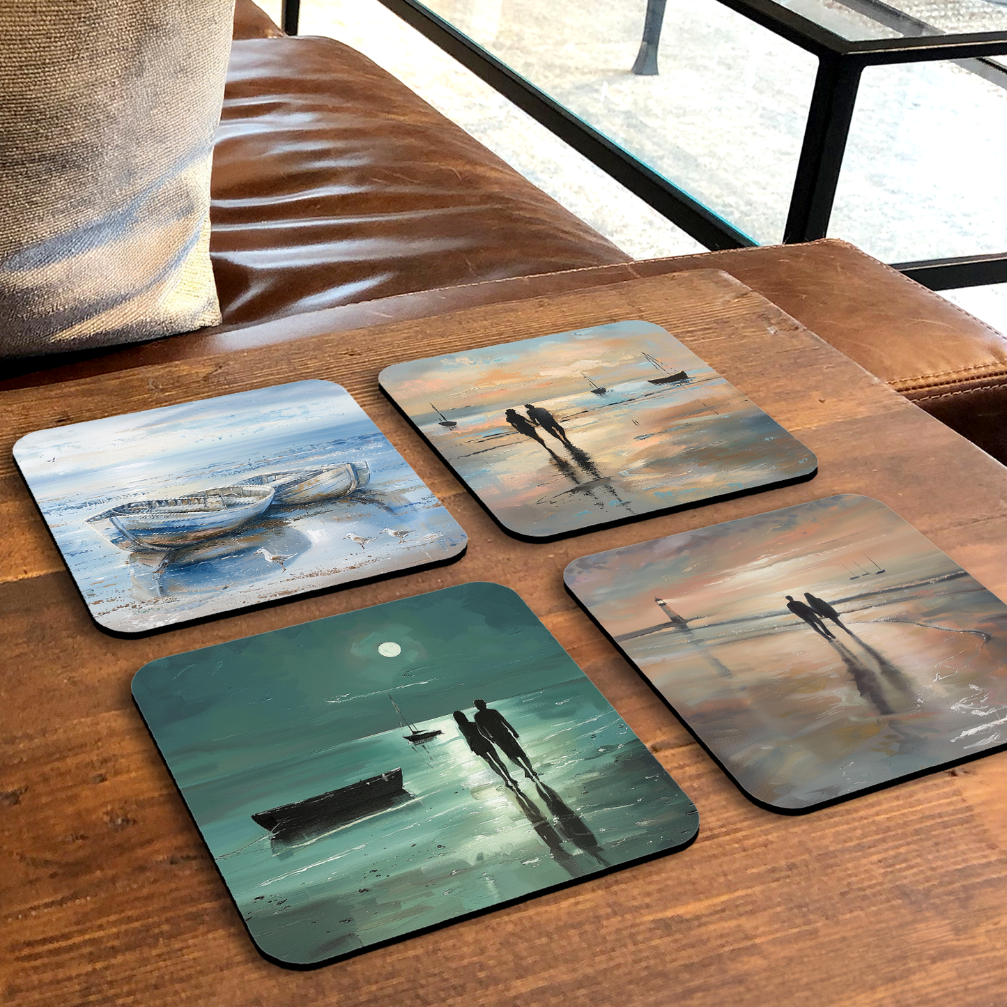 Coastal Whispers Set Of 4 Wooden Coasters With Cork Backing 95mm