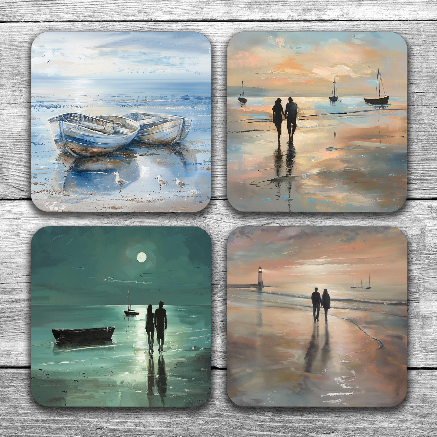 Coastal Whispers Set Of 4 Wooden Coasters With Cork Backing 95mm