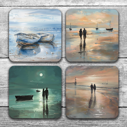 Coastal Whispers Set Of 4 Wooden Coasters With Cork Backing 95mm