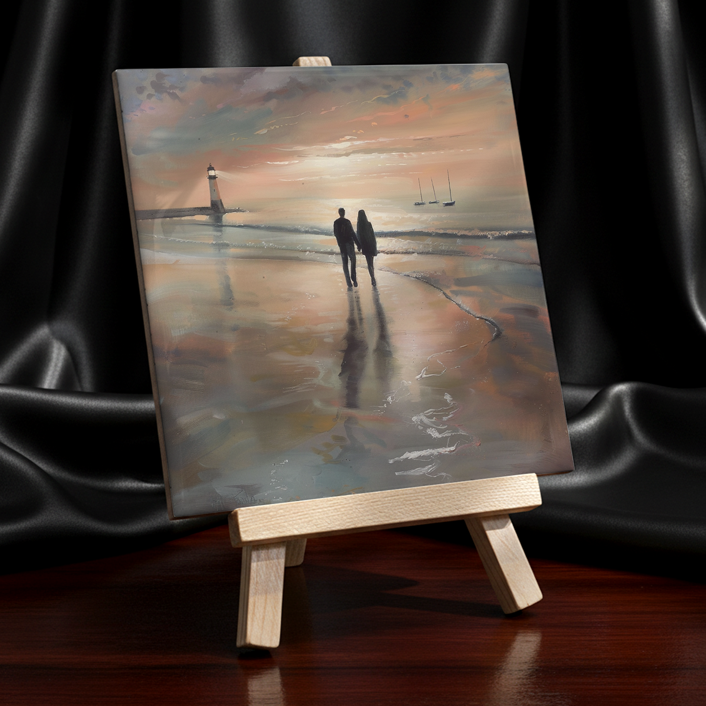 Lighthouse Glow Ceramic Art Tile with Easel