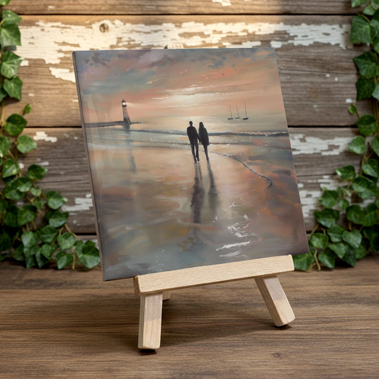 Lighthouse Glow Ceramic Art Tile with Easel