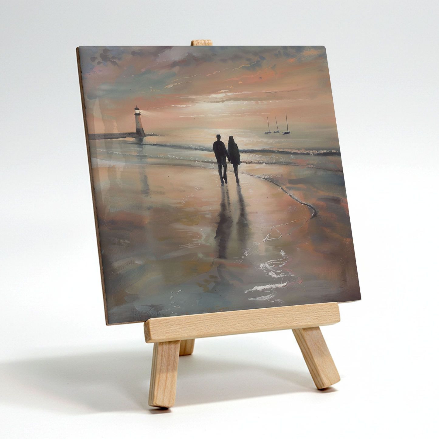 Lighthouse Glow Ceramic Art Tile with Easel