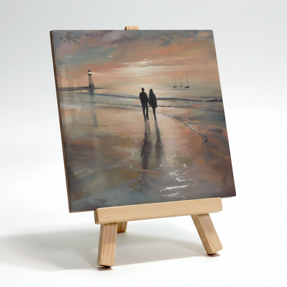 Lighthouse Glow Ceramic Art Tile with Easel