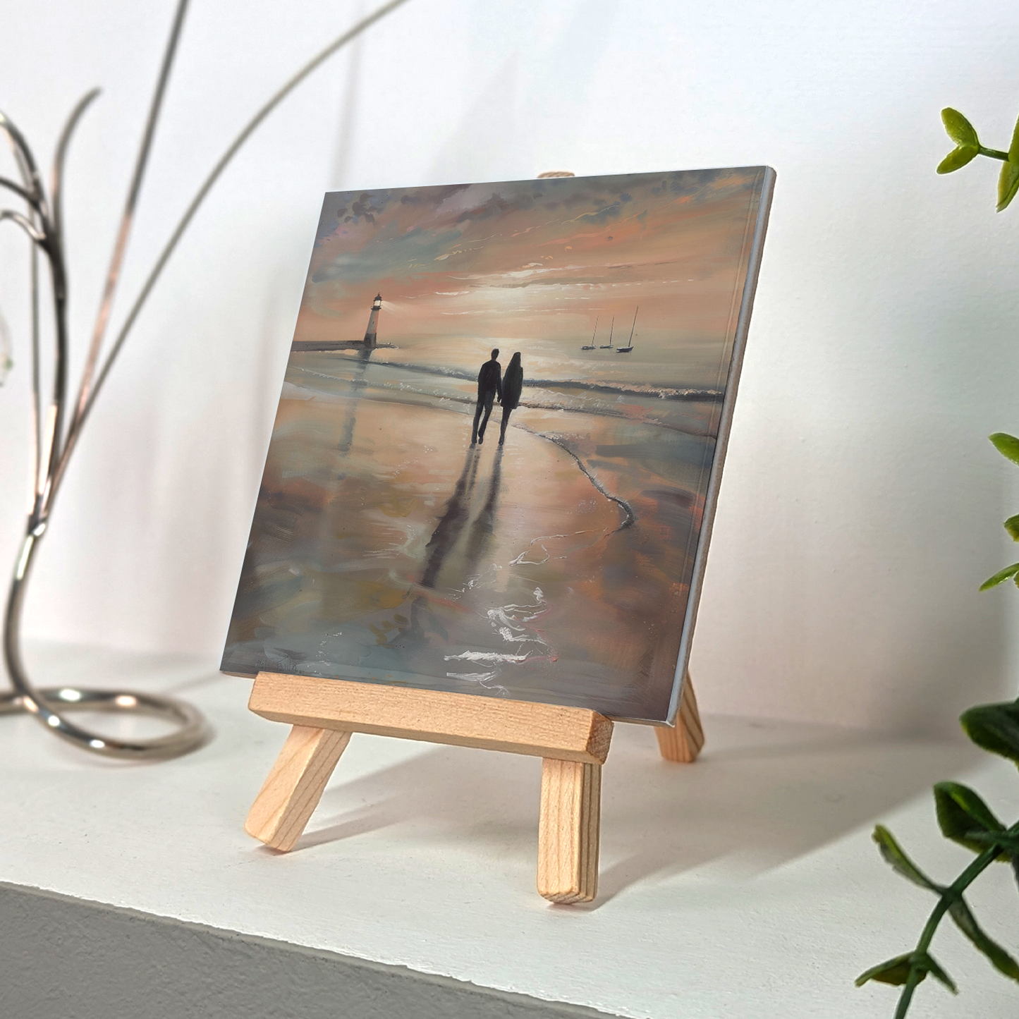 Lighthouse Glow Ceramic Art Tile with Easel