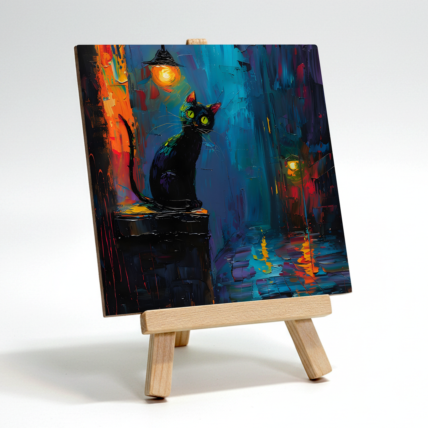 Nocturnal Guardian Ceramic Art Tile with Easel