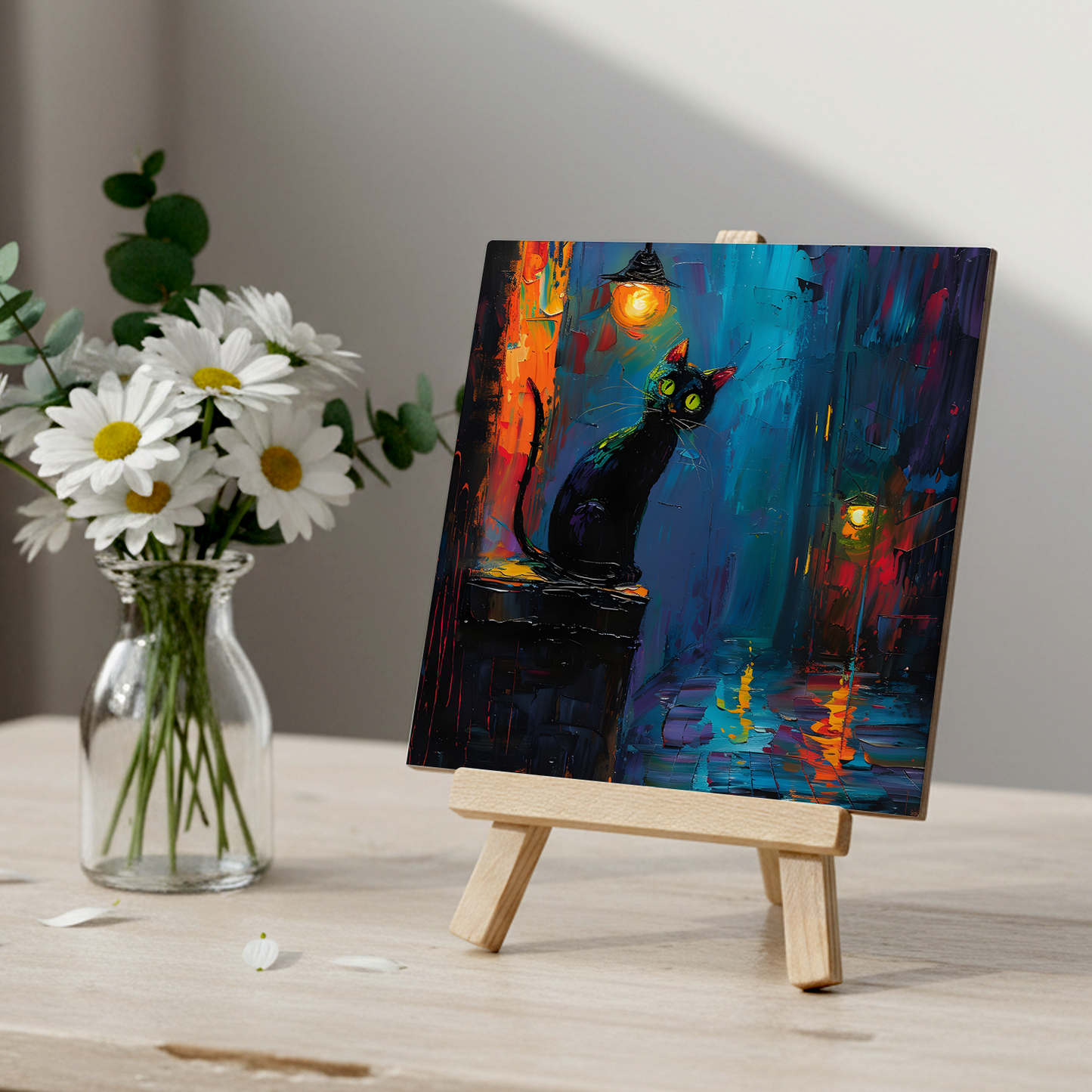 Nocturnal Guardian Ceramic Art Tile with Easel