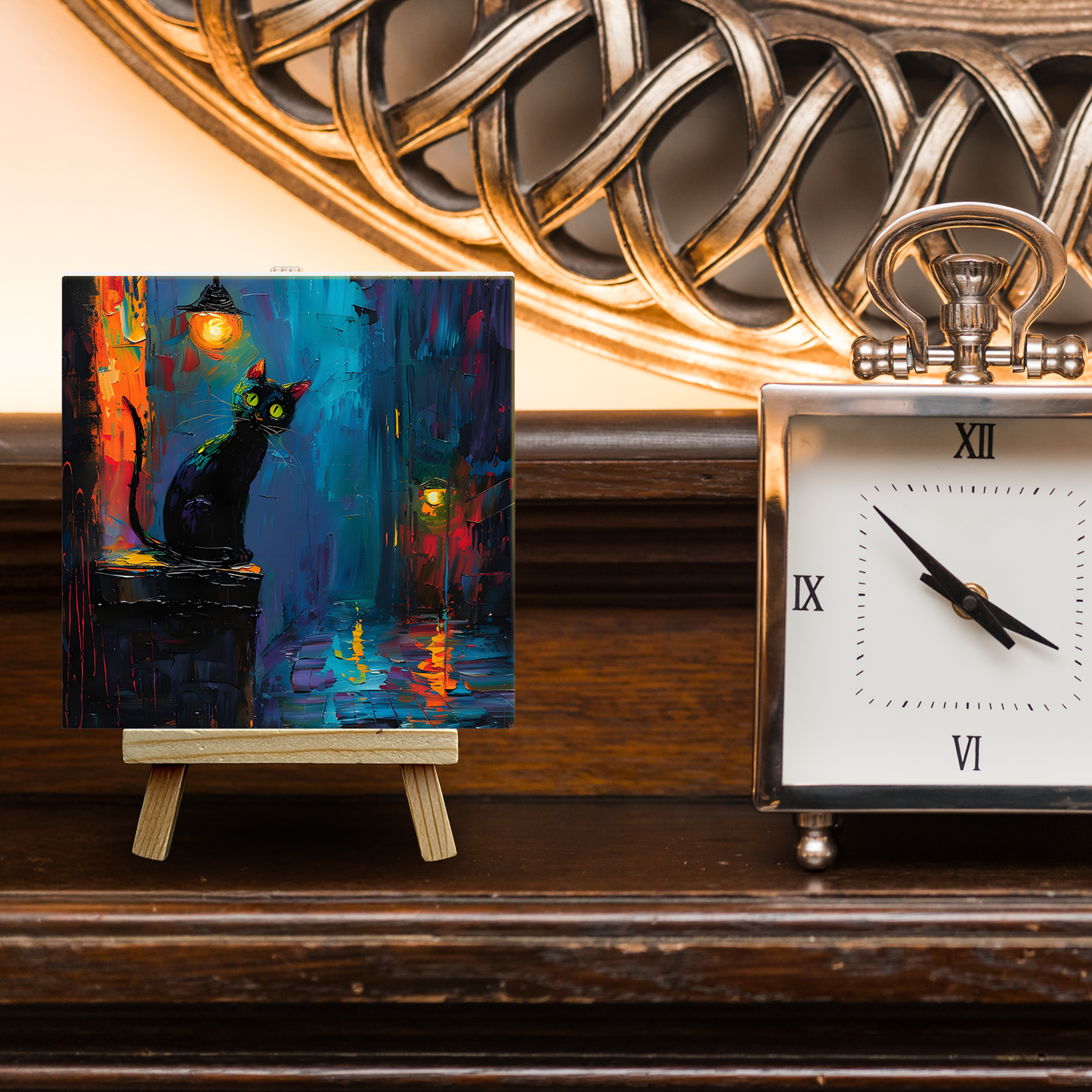 Nocturnal Guardian Ceramic Art Tile with Easel