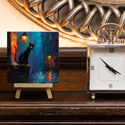 Nocturnal Guardian Ceramic Art Tile with Easel