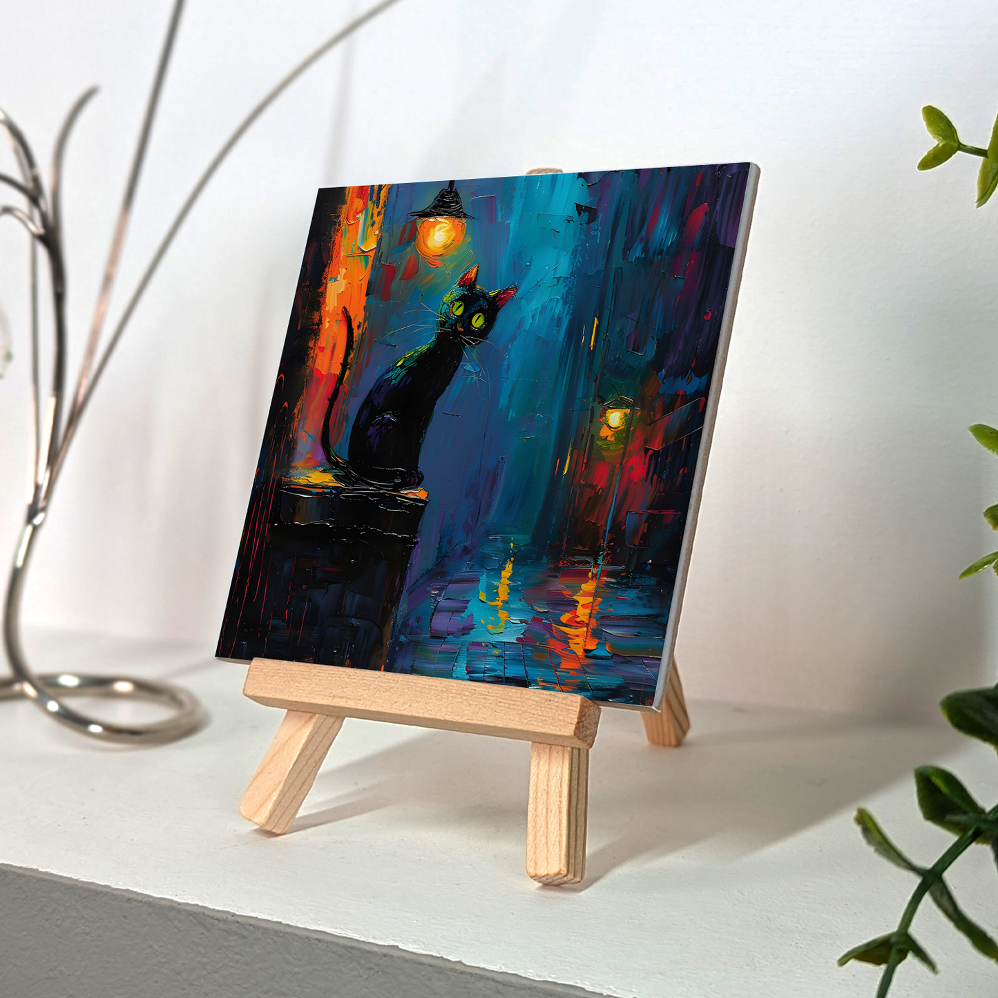 Nocturnal Guardian Ceramic Art Tile with Easel