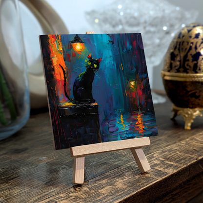 Nocturnal Guardian Ceramic Art Tile with Easel