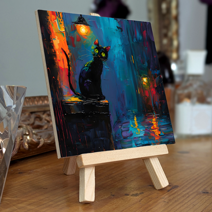 Nocturnal Guardian Ceramic Art Tile with Easel