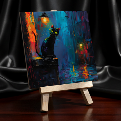 Nocturnal Guardian Ceramic Art Tile with Easel
