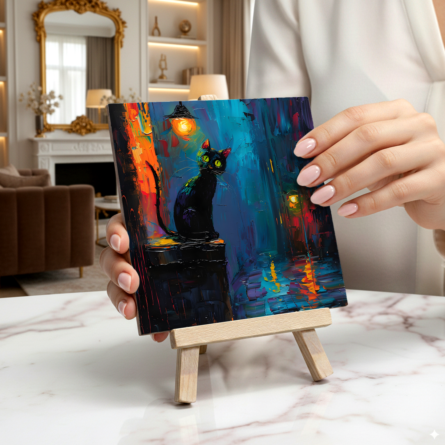 Nocturnal Guardian Ceramic Art Tile with Easel