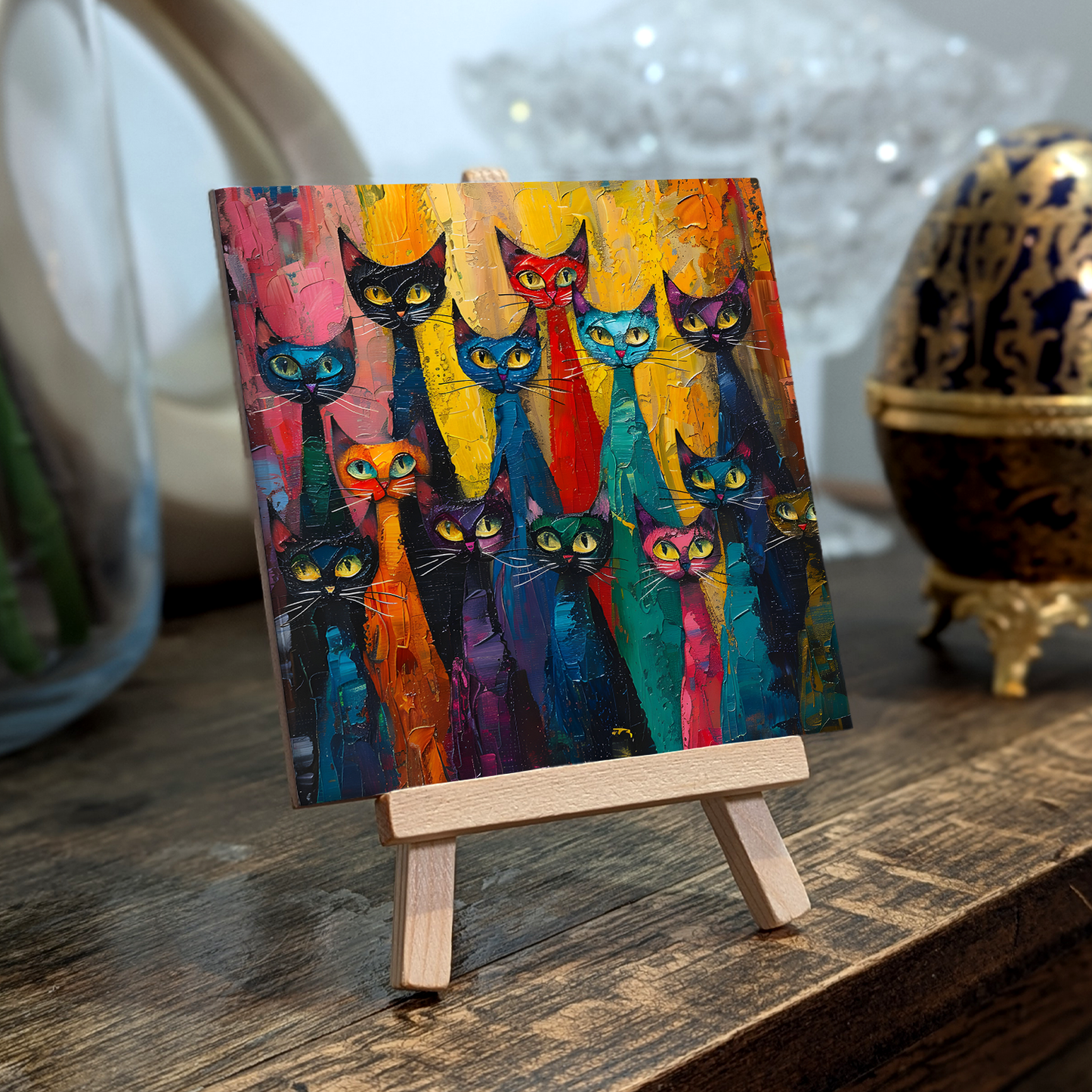 Council Of Whiskers Ceramic Art Tile with Easel