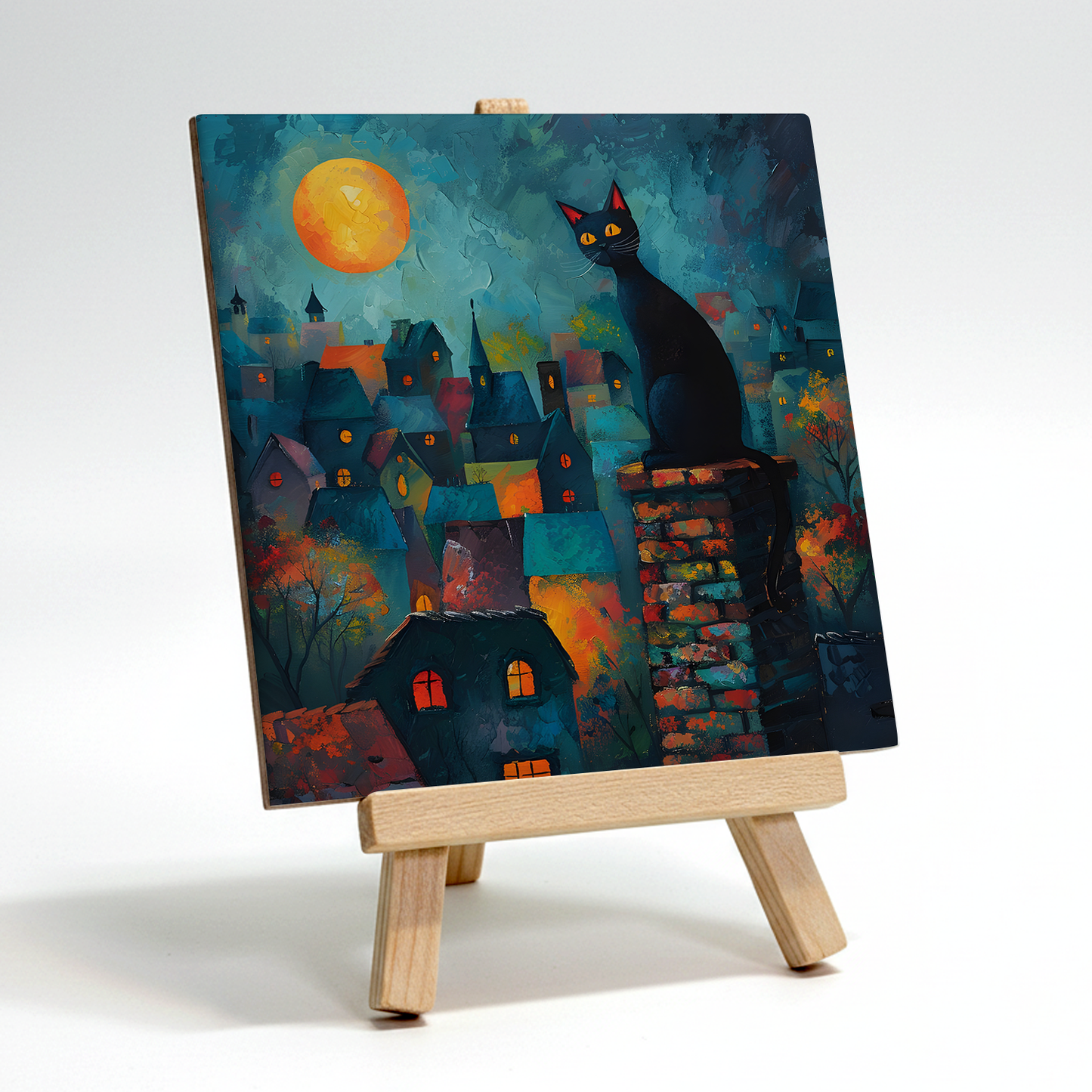 Twilight Over Rooftops Ceramic Art Tile with Easel