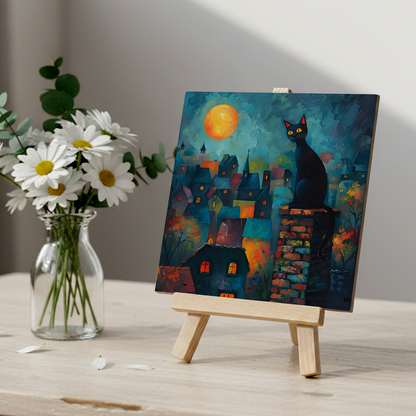 Twilight Over Rooftops Ceramic Art Tile with Easel