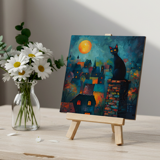 Twilight Over Rooftops Ceramic Art Tile with Easel