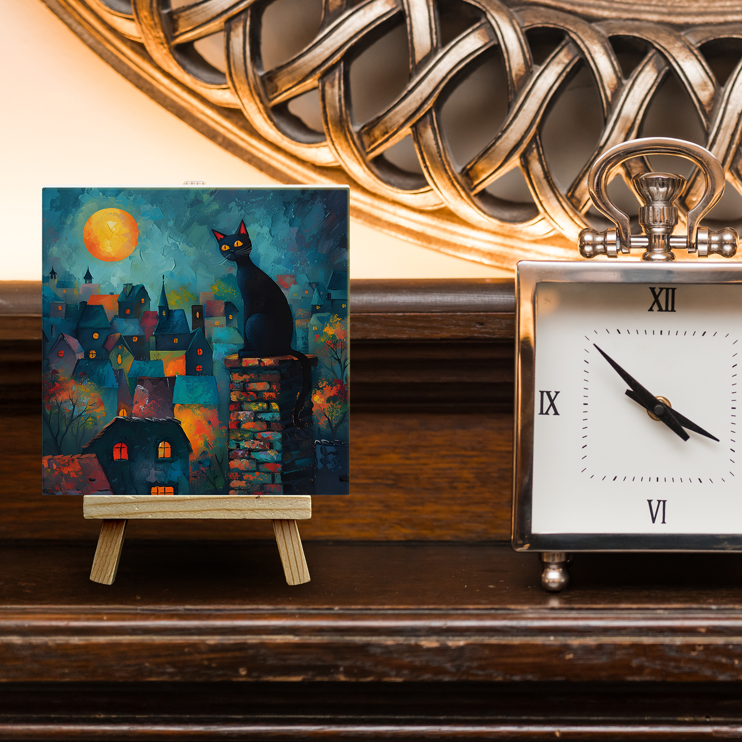 Twilight Over Rooftops Ceramic Art Tile with Easel