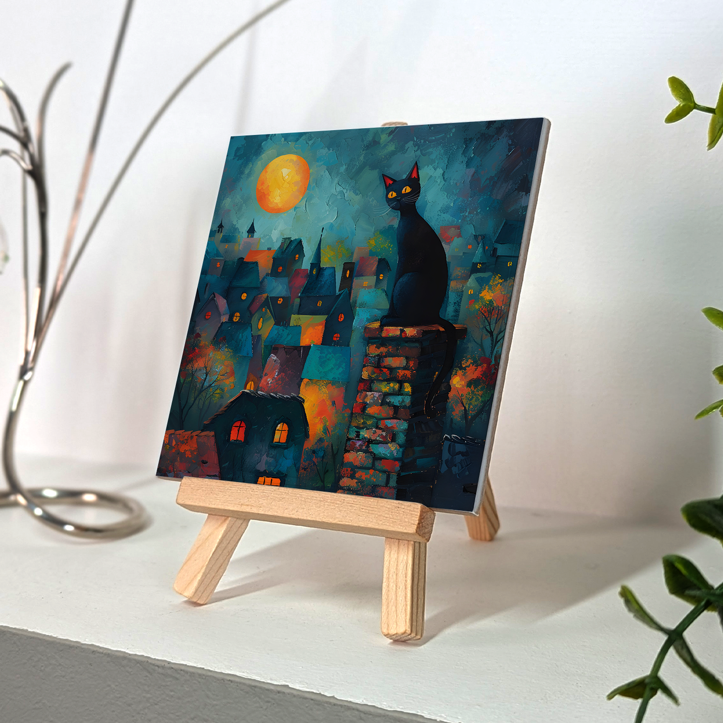 Twilight Over Rooftops Ceramic Art Tile with Easel