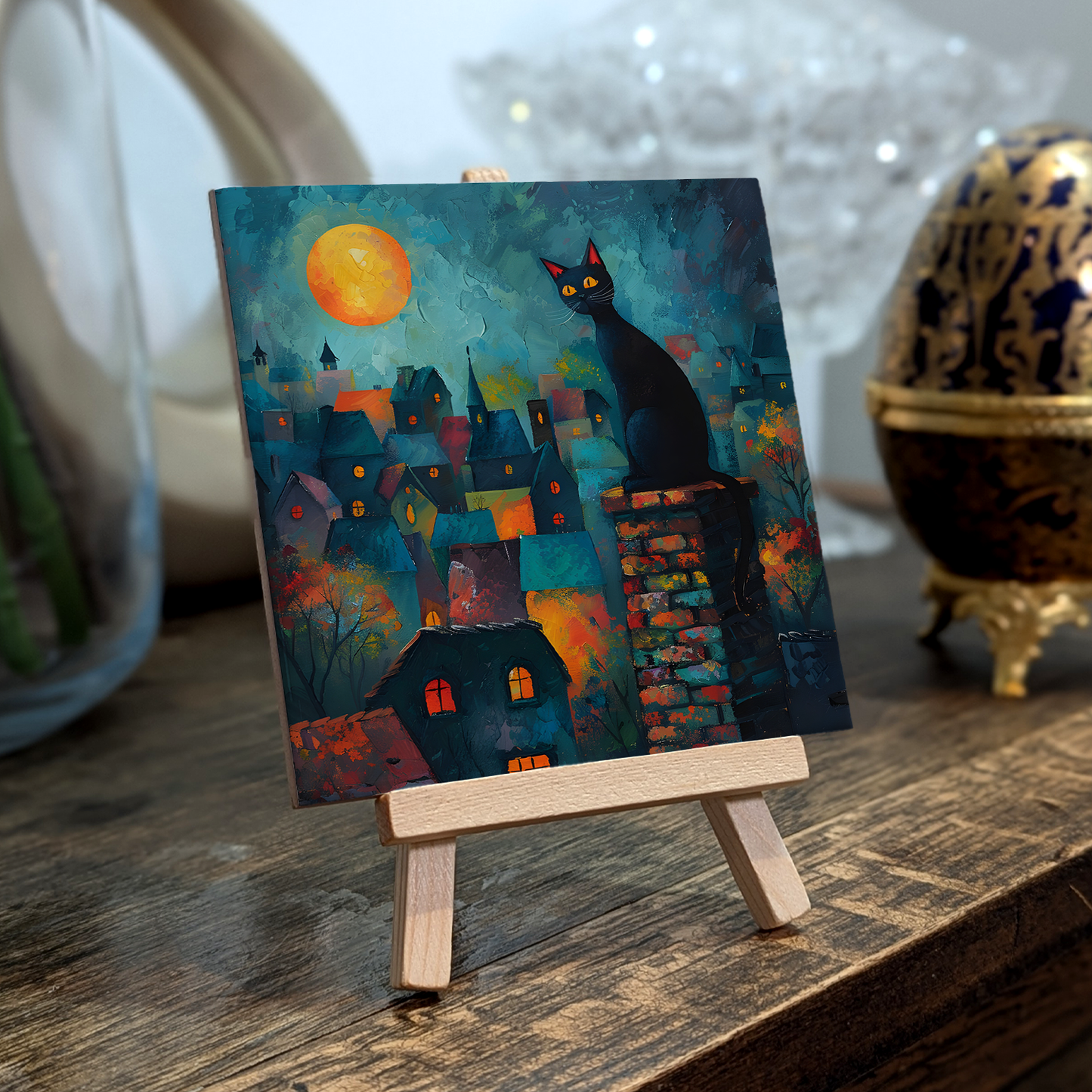 Twilight Over Rooftops Ceramic Art Tile with Easel