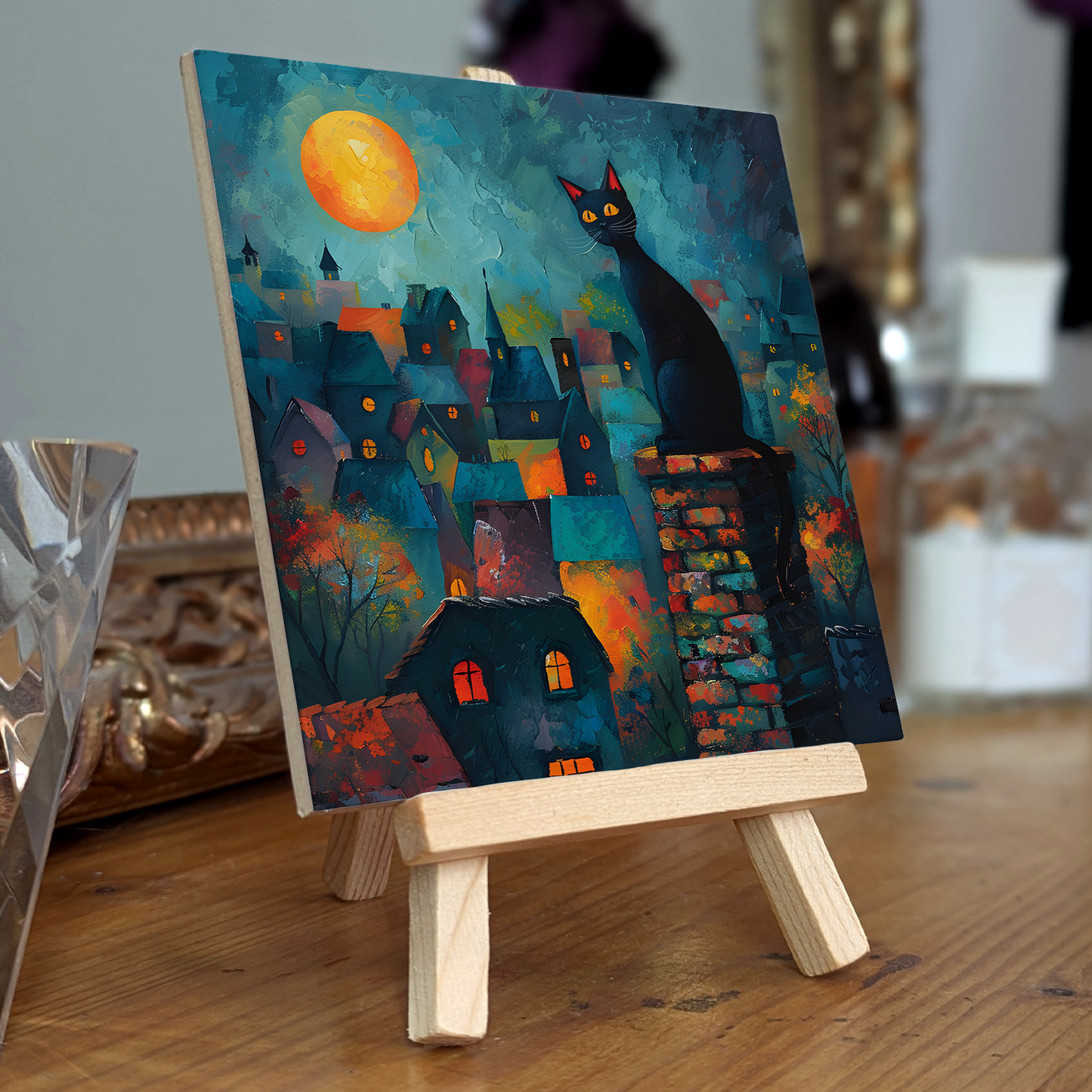 Twilight Over Rooftops Ceramic Art Tile with Easel