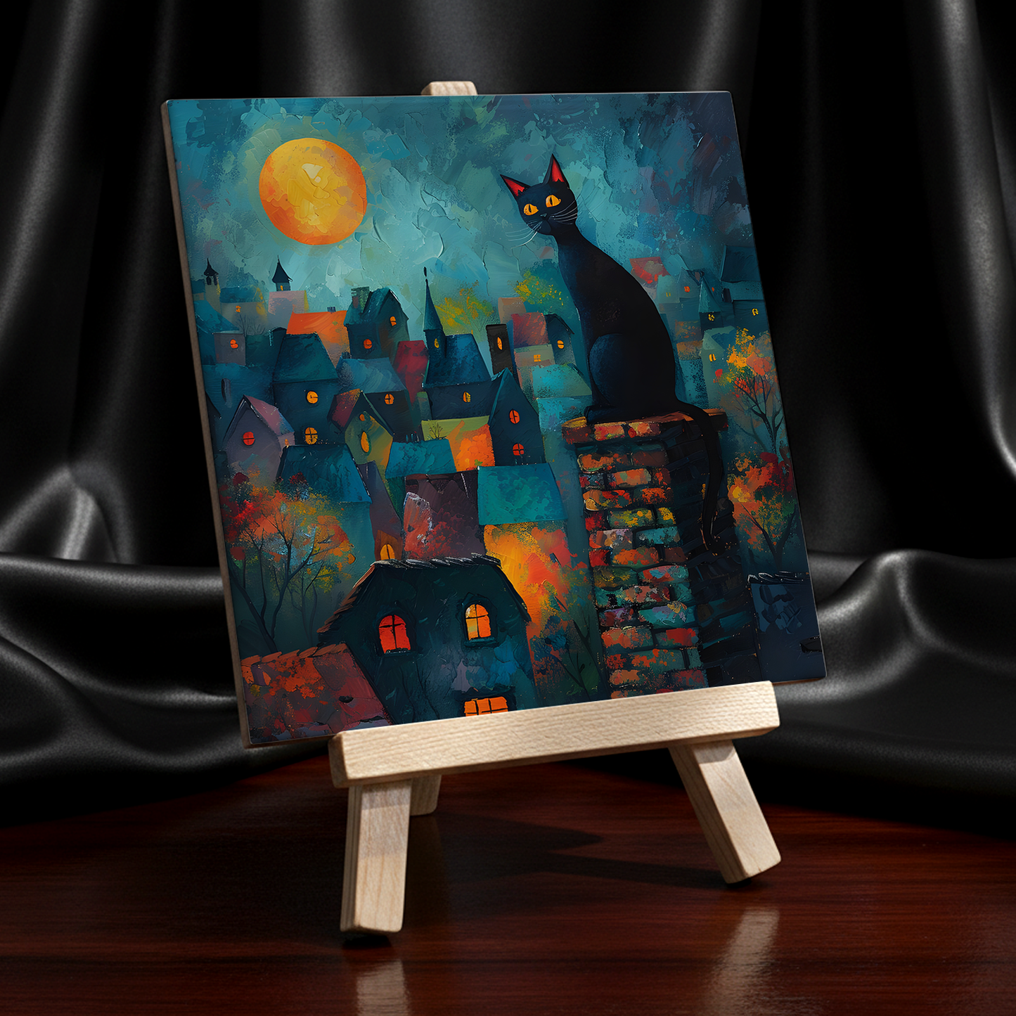 Twilight Over Rooftops Ceramic Art Tile with Easel