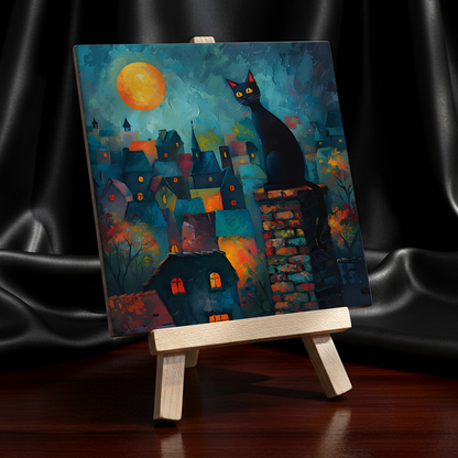 Twilight Over Rooftops Ceramic Art Tile with Easel