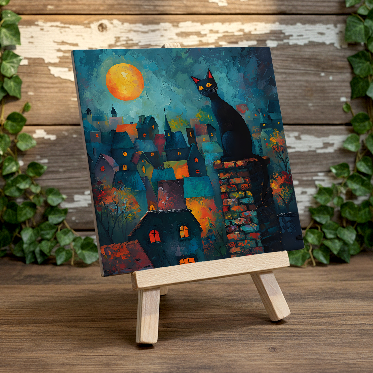 Twilight Over Rooftops Ceramic Art Tile with Easel