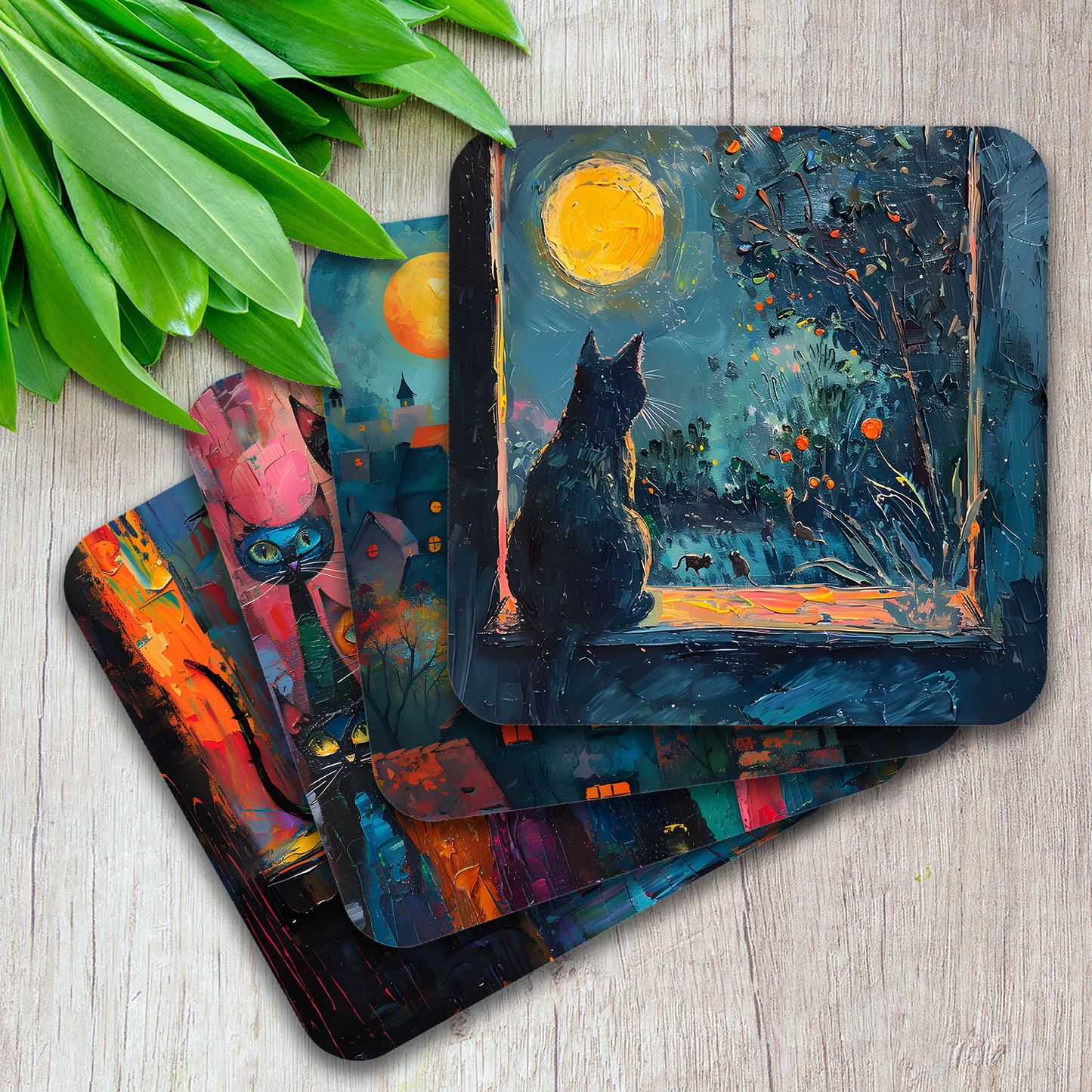 Mystic Felines Set Of 4 Wooden Coasters With Cork Backing 95mm